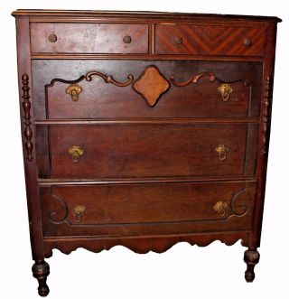 Antique Depression Era Colonial Revival Walnut Veneer Bun Foot Chest Of Drawers