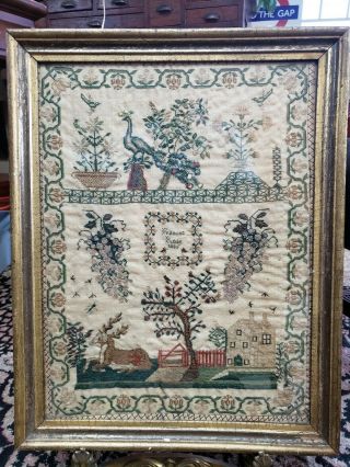 19th C.  Antique 1835 Pictorial Peacock Deer House Grapes Sampler Frances Rose