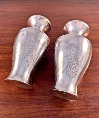 (2) Wanjiuxia Co.  Chinese Solid Silver Vases W/ Engraved Peacocks: No Monogram
