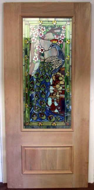 Stained Glass Peacock Mahogany Entry Door