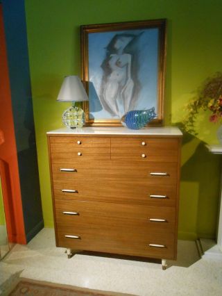 Mid - Century Modern Eames Era,  Rway Chest Of Drawers/white Carrera Glass Top