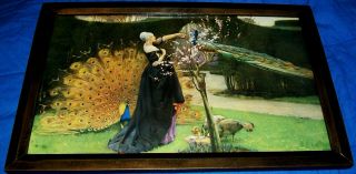 Sublime Art Deco Lady Peacocks Framed Litho Print C.  1920 Tsanya Mary Gold Era