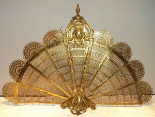 Antique Ornate Brass Peacock Fireplace Fan Folding Screen Gothic Victorian Lady