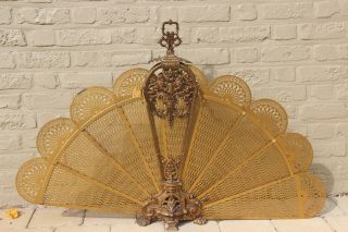 French Antique Brass Ornate Folding Peacock Fireplace Screen Escutcheon Lions