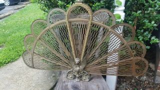 " Early 1900s Very Elegant Art Deco Solid Brass Gargoyle Fireplace Screen Peacock