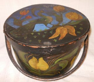 Large 11 " Wood Handled Pantry Box With Paint Decorated Scene With Peacock
