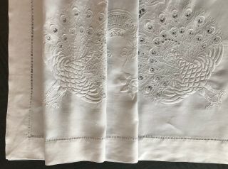 Antique Linen Tablecloth,  Hand - Embroid Peacocks,  Needlelace,  Cutwork,