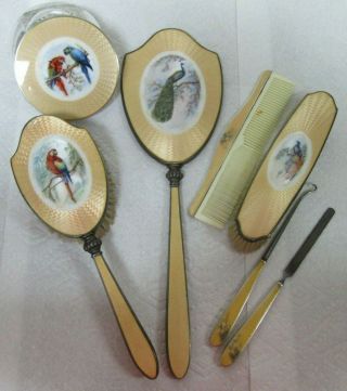 Vintage 935 Sterling Silver And Enamel Vanity Set Peacocks Parrots