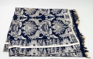 Antique 1800s Double Weave Handspun Blue & White Peacock Jacquard Coverlet