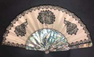 Great French Art Nouveau Carved Mother Of Pearl Chantilly Peacock Birds Fan