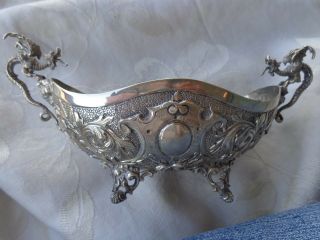 Antique Chinese Export Hand Chased Ornate Dragon Handle Footed Silver Bowl