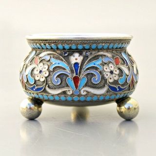 1896 Antique Imperial Russian 88 Silver Enamel Cloisonné Open Salt Cellar Moscow