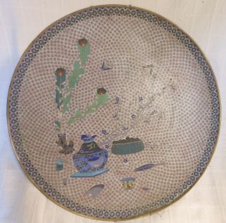 Giant Antique 19th C.  Chinese Cloissone Charger,  Urn,  Peacock Feather Decoration
