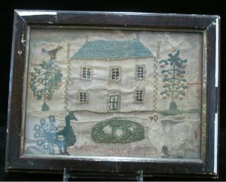 Antique Small Framed Needlework Sampler Peacock & Rooster Farm Scene