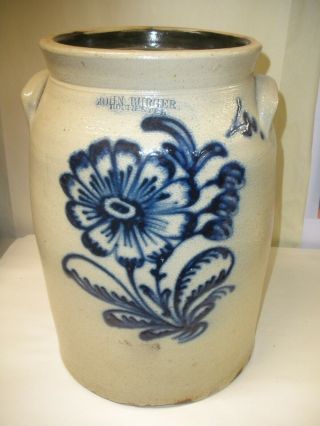Antique Glazed Saltware Stoneware 4 Gallon Crock Churn John Burger Rochester Ny