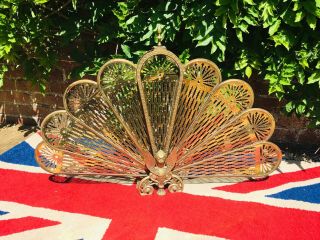 Vintage Art Deco Brass Peacock / Griffin / Phoenix Fan Folding Fire Guard Screen