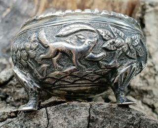 Antique White Metal Ornate Hunting Dog Scene Miniature Salt Cellar