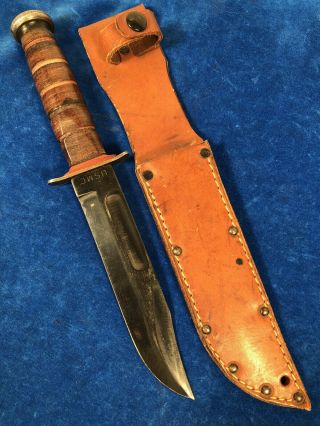 Ww2 Usmc Ka - Bar Early Blue Blade Fighting Knife W Sheath Us Marines
