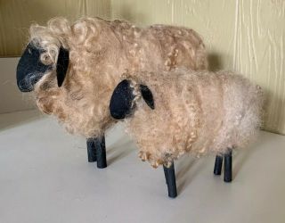 2 Primitive Handcrafted Sheep Shelf Sitters Country Farmhouse Wooly Animals