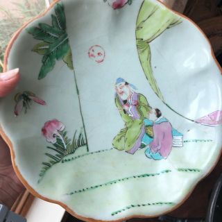 Antique Chinese Porcelain Celadon Footed Dish Painted Figures Mark Signed