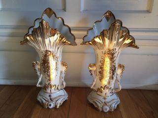 Antique Porcelain Mantle Vases 22k Gold Relief Dated 1800 