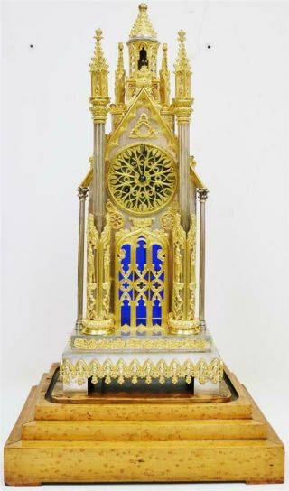 Antique French Empire Bronze & Silvered Cathedral Automaton Mantle Clock