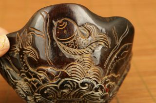 Chinese Old Yak Horn Hand Carving Fish Crane Statue Bowl Cup Wine Glass Decorate