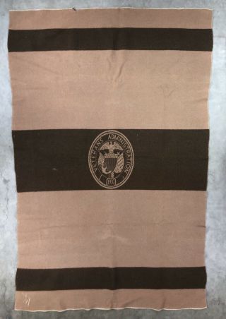 Vintage 1930 Veterans Administration Wool Blanket Pre Wwii War Stripe Hospital