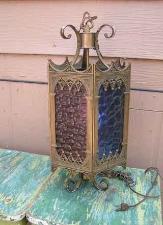 Vintage Light Craft Of California 1969 Brass Octagon Colored Glass Swag Lamp