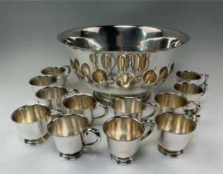 Huge 14 " International Sterling Silver Paul Revere D264 Punch Bowl Set W/12 Cups