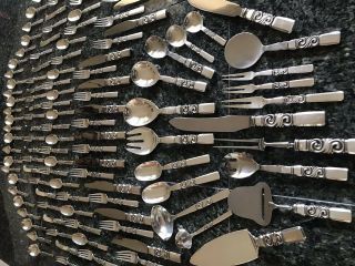 Massive Georg Jensen Scroll Saga Sterling Silver Flatware Set 116 Pc Set No Mono