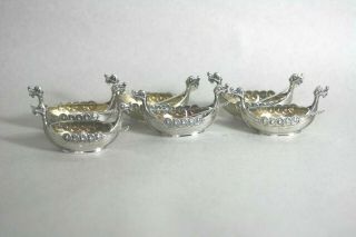Six Norway Olsen ? Sterling Silver 830 Viking Ship Salt Cellar Glass Lined Nr