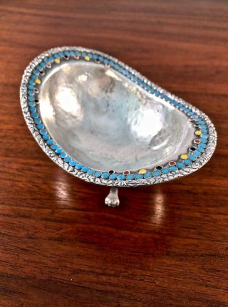 Sterling Silver & Enamel Hand Hammered Footed Bowl: Chinese? Russian?