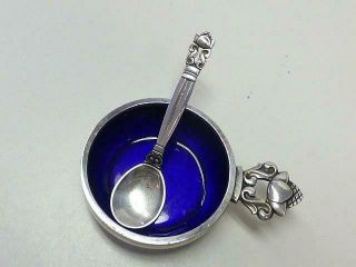 Georg Jensen Acorn 925s Sterling Silver Salt Cellar & Salt Spoon Blue Enamel
