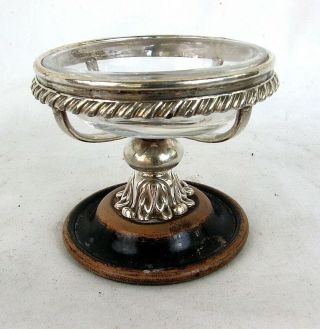 Antique Silver Salt Cellar Wood Pedestal Base Hand Blown Liner C.  1850