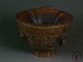 Fine Old Chinese Ox Horn Carved Brush Washer Wine Cup Statue Hornless Dragons