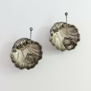 Antique William Devenport Sterling Silver Clam Shell Salt Cellars Spoons