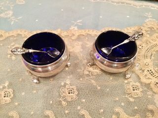 Vintage Sterling Silver Footed Open Salt Cellars Cobalt Blue Inserts Pair
