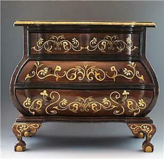 Vintage Wood Jewelry Chest Of Drawers Bombe Shape W/ Fruit Wood Inlay Signed