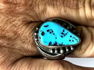 Vintage Blue Turquoise Stamping Navajo Mens Ring Sterling Signed R Large Size 12