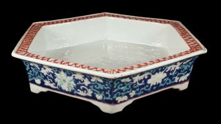 Antique Chinese Blue Famille Verte Enameled Porcelain Six - Sided Footed Low Bowl