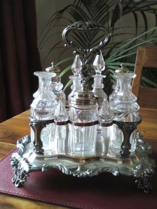 A Vintage Silver Plated Cruet Set - Old Sheffield Plate,  Seven Bottle Set