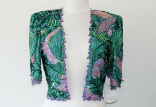 Jasdee Vintage Bolero Jacket Hand Work Bead & Sequins & Hand Print On Silk 3081