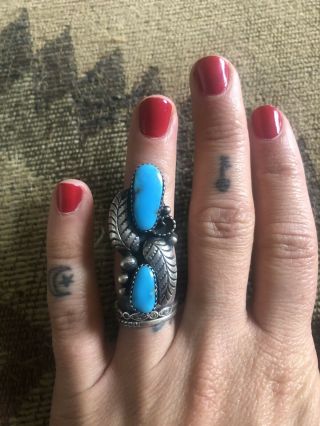 Vintage Native American Stamped Sterling Turquoise Ring 925 Size 5 1/4