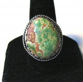 Vtg.  Navajo Sterling Silver Green Royston Turquoise Ring W/ Hand Stamped Details