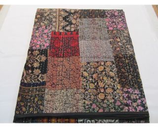 Hand Work Vintage Gudri Printed Silk Bedcover Patchwork Kantha Black Quilt Throw