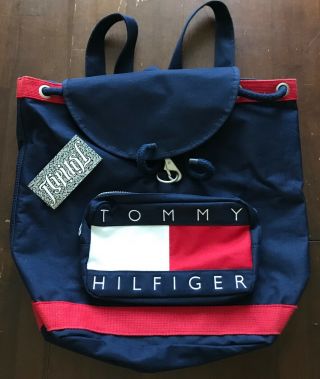 Vtg Tommy Hilfiger Drawstring Backpack Usa Flag Red White Blue Spell Out 90s