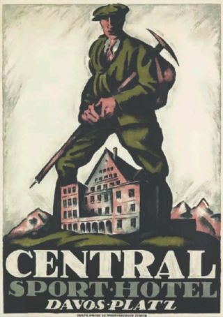 Ca.  1905 Swiss Hotel Travel Poster Davos Ice Axe Mountaineering